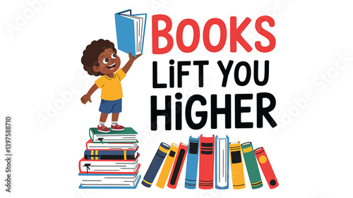 Beautiful vector illustration for World Book Day featuring a child reading a book with educational elements, designed in modern flat style for libraries, schools, and literacy campaigns