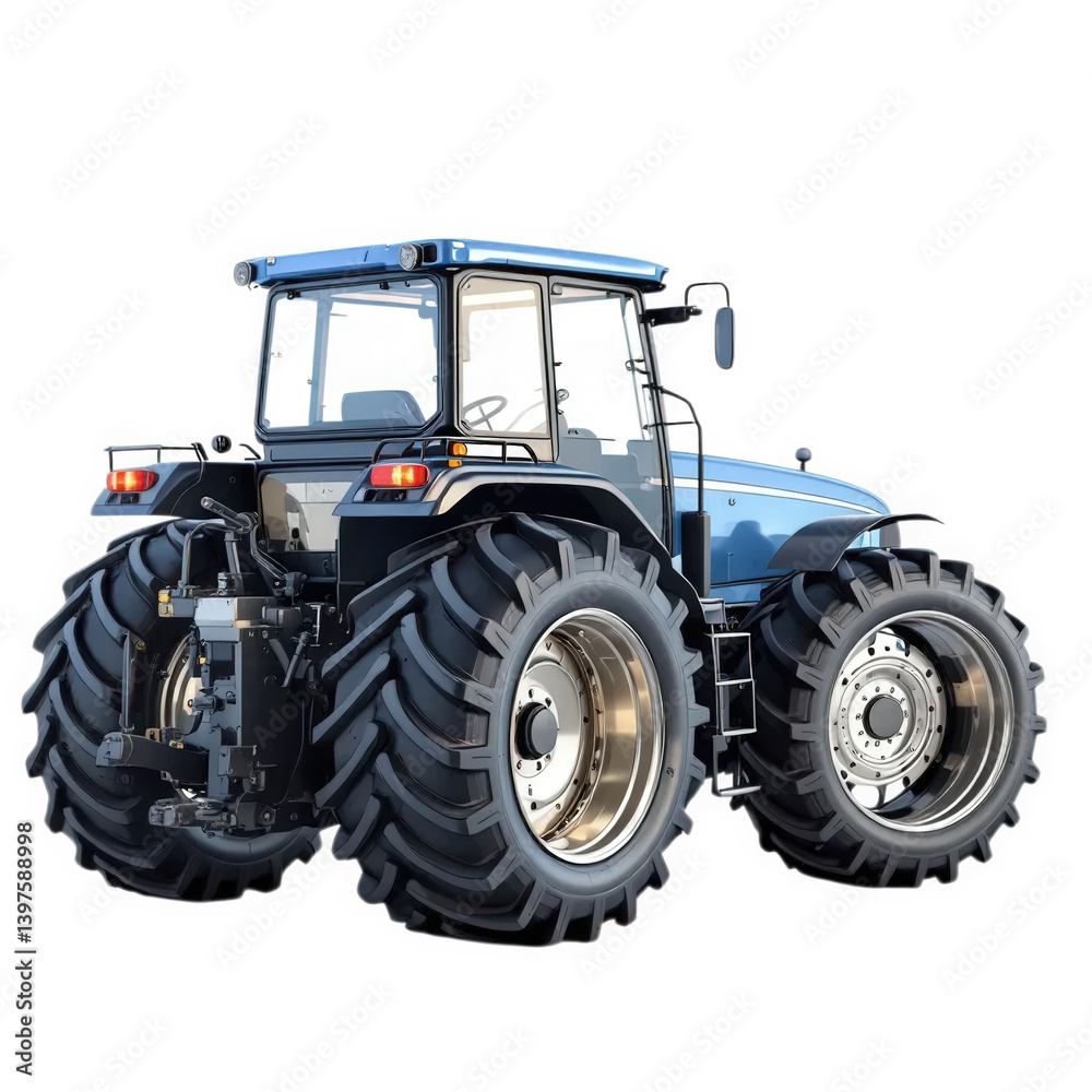 Blue Farm Tractor, Rear Angle, Isolated on White, Agricultural Equipment.