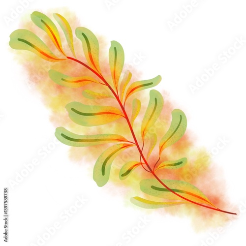 Green leaf branch with red stem on a soft watercolor background. Colorful autum leaf branch