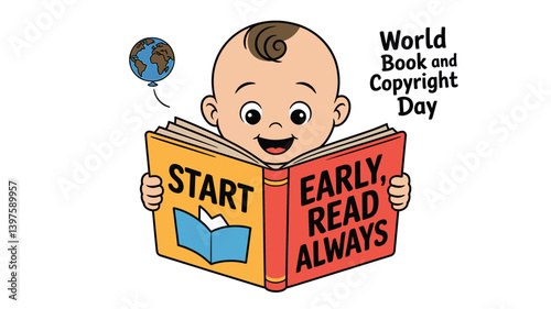 Beautiful vector illustration for World Book Day featuring a child reading a book with educational elements, designed in modern flat style for libraries, schools, and literacy campaigns