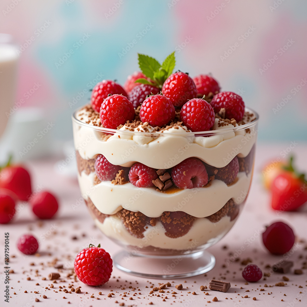 Design a stock image featuring a glass bowl of tiramisu topped with a mix of fresh berries, such as raspberries and strawberries, alongside chocolate shavings. The layers of the dessert should be clea Design a stock image featuring a glass bowl of tiramisu topped with a mix of fresh berries, such as raspberries and strawberries, alongside chocolate shavings. The layers of the dessert should be clea