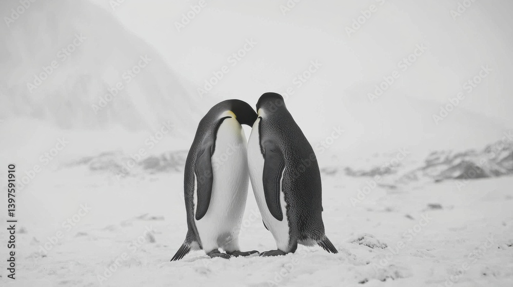 Obraz premium King penguin mating couple cuddling in wild nature, snow and ice. Pair two penguins making love. Wildlife scene from white nature. Bird behavior, wildlife scene from nature, South Georgia, Antarctica.