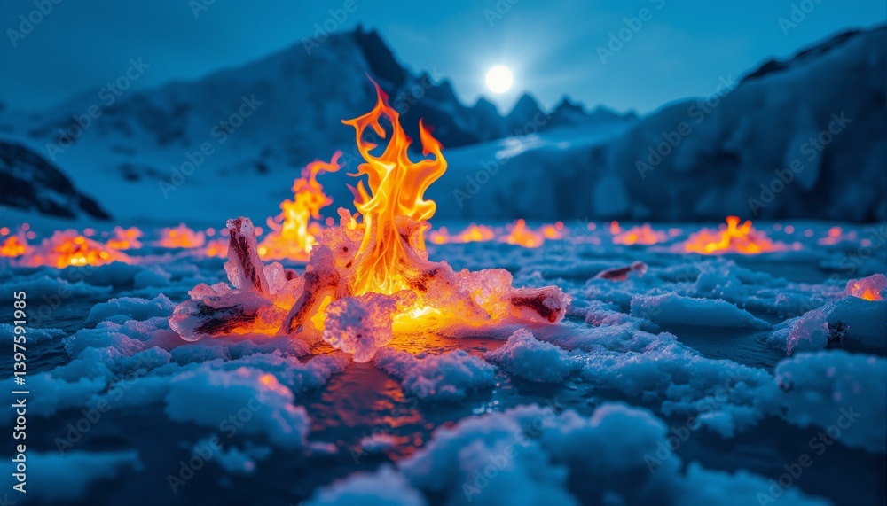 Fototapeta premium Ancient glacier, crystallized flames, transparent cerulean ice, shards of splintered sapphire, weathered face, pale lunar glow, winter solstice night