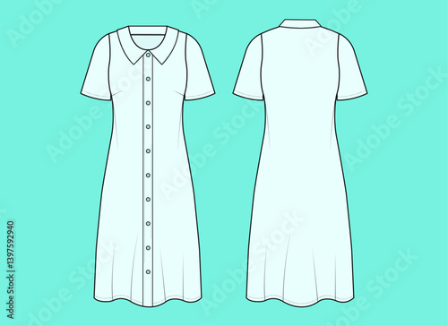 Ladies Short sleeve knitwear long leg button down collar dress fashion flat sketch outline CAD mockup template.