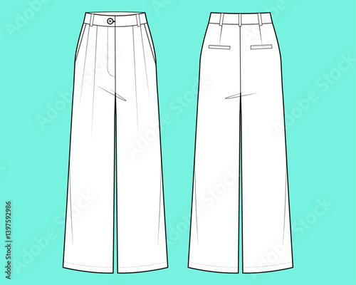  Wide leg pant casual flat sketch outline CAD mockup.