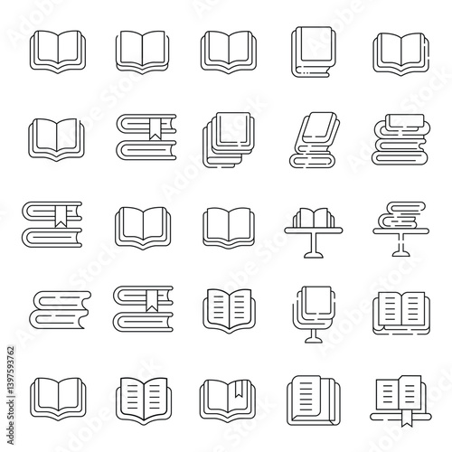 A collection of simple, clean line art icons depicting various representations of books, including open books, closed books, and stacks of books.