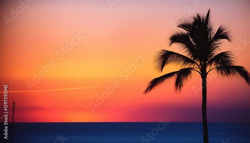 Golden hues blend with purple and pink as a palm silhouettes against the ocean sunset.