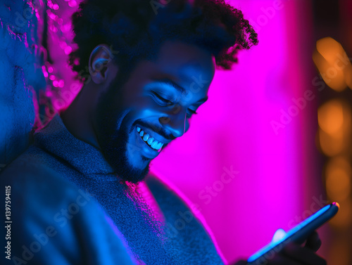 Portrait of cheerful man smiling while looking at smartphone screen under neon lights, concept of nightlife, connection and digital communication, vibrant colors, AI generated image 