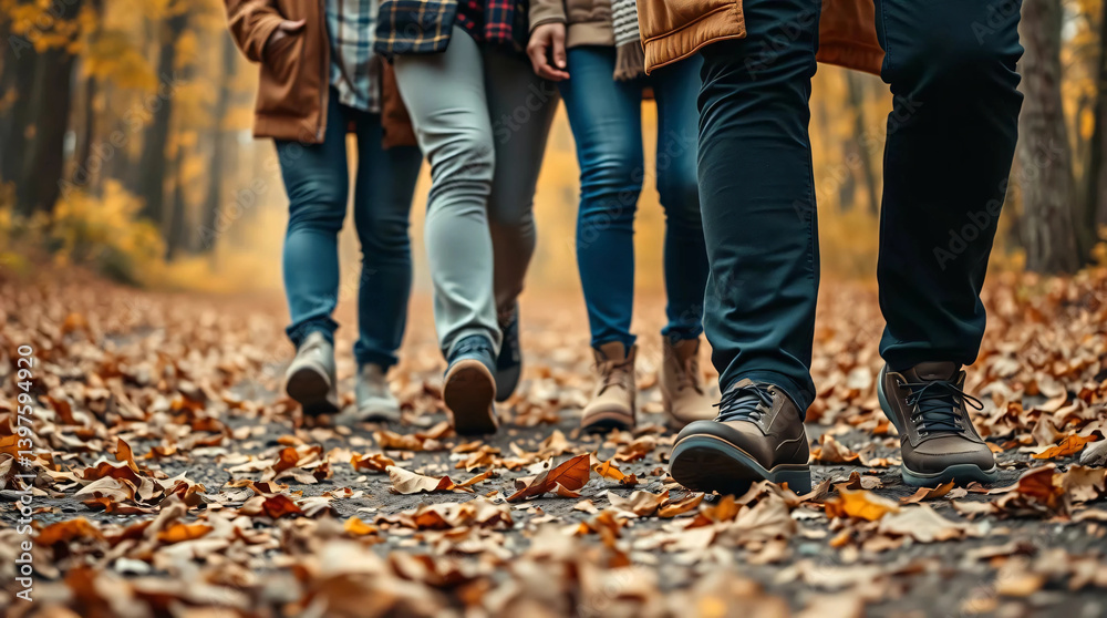 Group of tourists walks along the path of the autumn forest. Feet close-up Group of tourists walks along the path of the autumn forest. Feet close-up