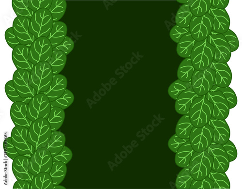 Green spinach leaves frame seamless vertical border leafy vegetables frame, boxing, bordering. card template. Vector flat illustration banners, print for fabric, labels, t-shirt printing. Eat green