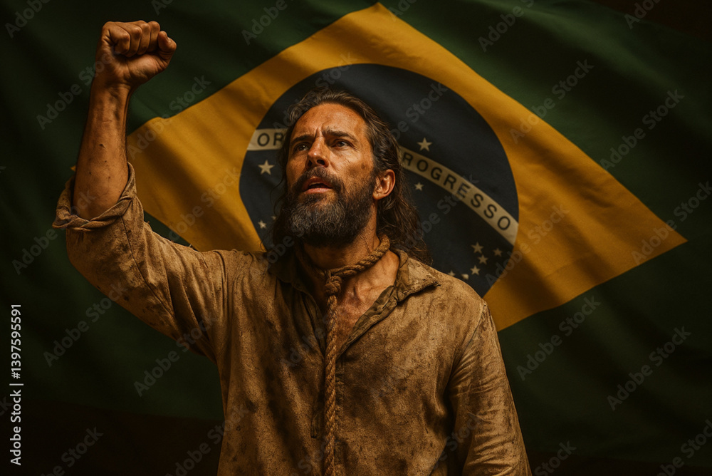 Obraz premium Tiradentes Raising Fist in Front of Brazilian Flag – April 21 National Holiday Tribute