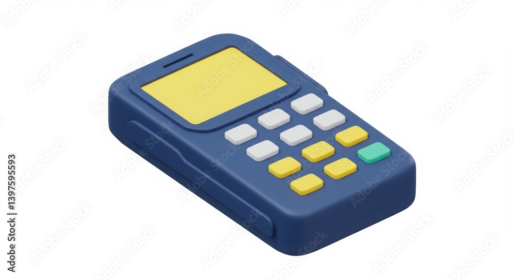 Blue Credit Card Reader with Yellow Screen and Buttons on White Blue Credit Card Reader with Yellow Screen and Buttons on White