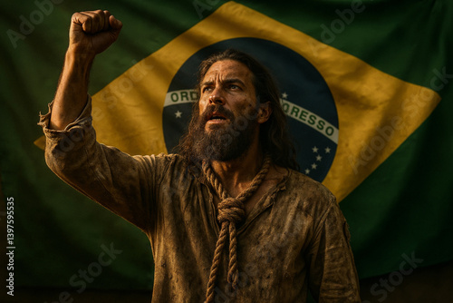 Tiradentes Raising Fist in Front of Brazilian Flag – April 21 National Holiday Tribute