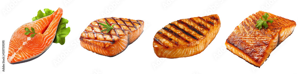 Fresh Salmon Fillets with Various Cooking Methods on a White Background Fresh Salmon Fillets with Various Cooking Methods on a White Background