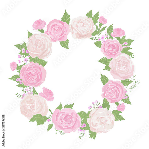 A beautiful floral wreath featuring soft pink roses and vibrant green leaves. Perfect for decorations and backgrounds, offering a fresh and elegant touch to any design.