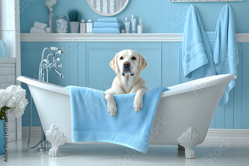 A yellow lab dog is calmly resting in a bathtub with blue towels in a serene bathroom