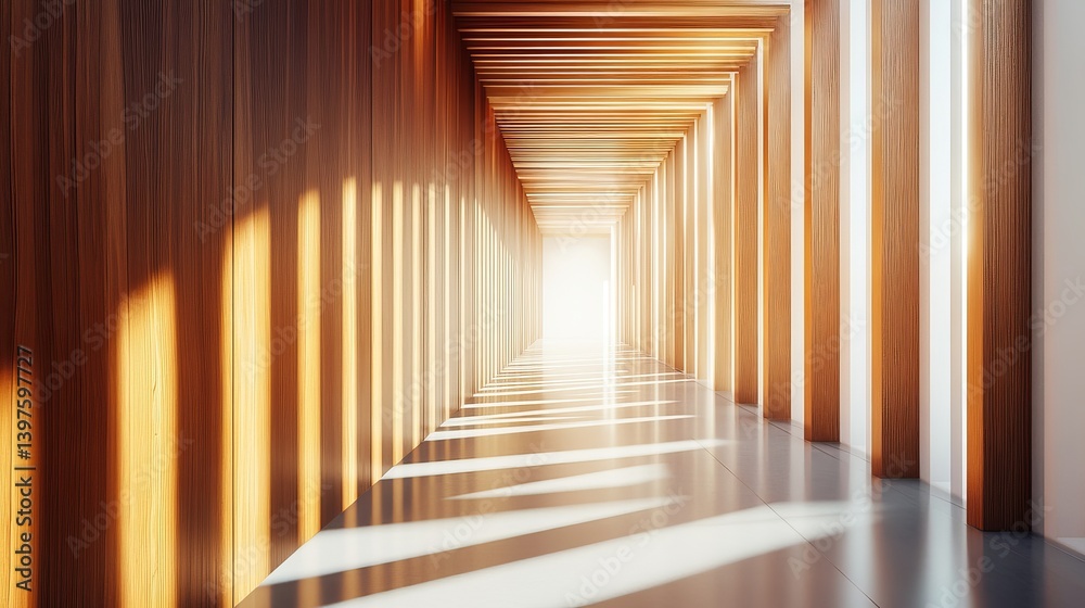 A long hallway with wooden walls and ceiling leading to a bright light at the end of the tunnel vision A long hallway with wooden walls and ceiling leading to a bright light at the end of the tunnel vision