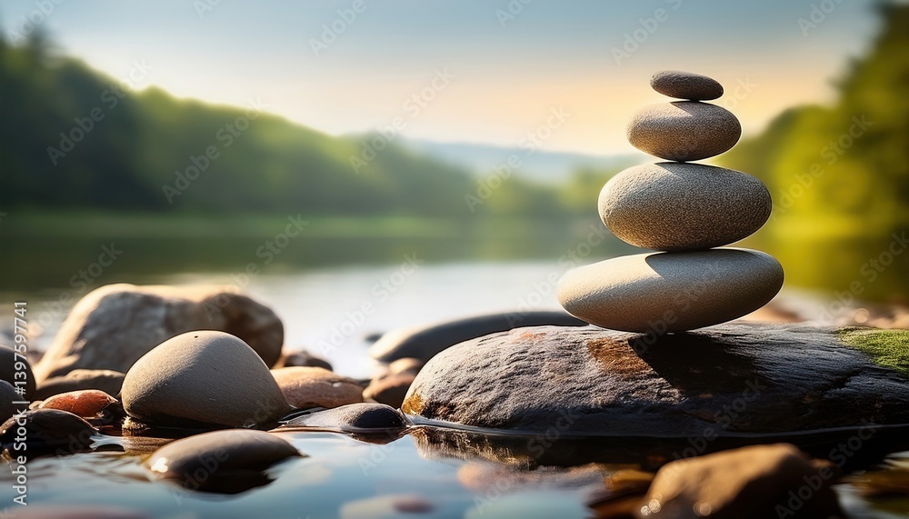 Smooth stones delicately stacked, reflecting serenity by the calm river in soft evening light. Smooth stones delicately stacked, reflecting serenity by the calm river in soft evening light.
