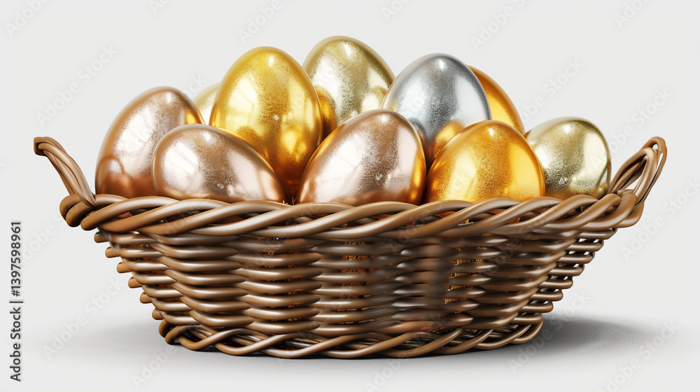 Detailed View of Shiny Easter Eggs in a Natural Woven Basket Detailed View of Shiny Easter Eggs in a Natural Woven Basket