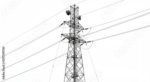Monochromatic transmission tower silhouetted against minimalist background
