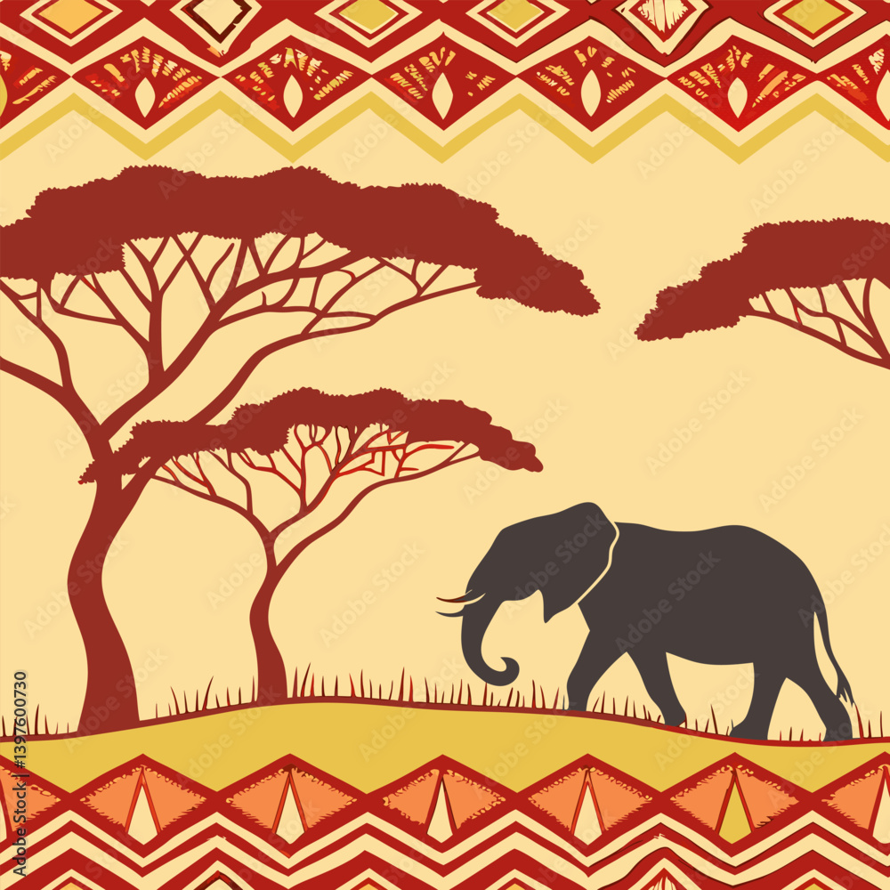 Fototapeta premium Seamless pattern design created with colors and animal and plant images specific to the African continent