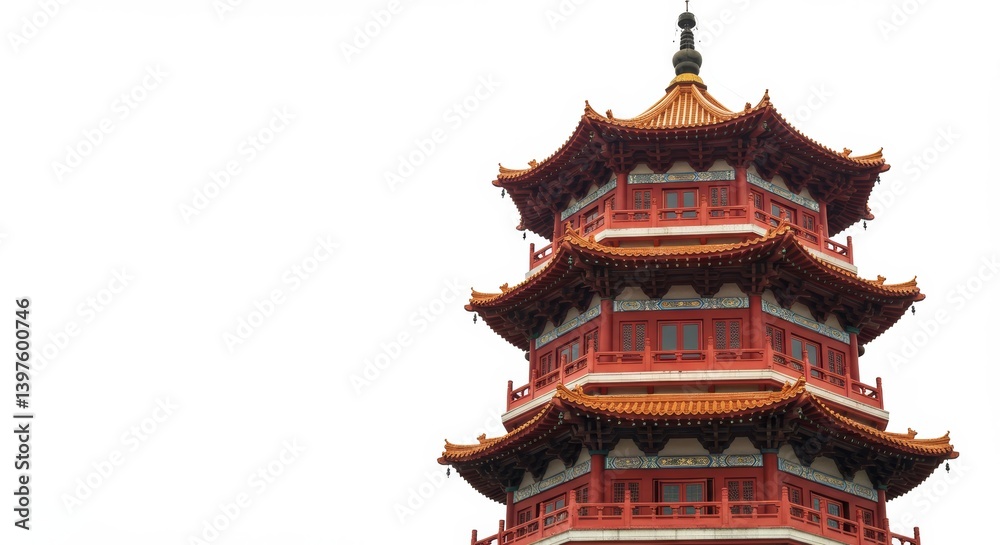 Striking vermilion pagoda against a pristine white void demonstrating architectural grace Striking vermilion pagoda against a pristine white void demonstrating architectural grace