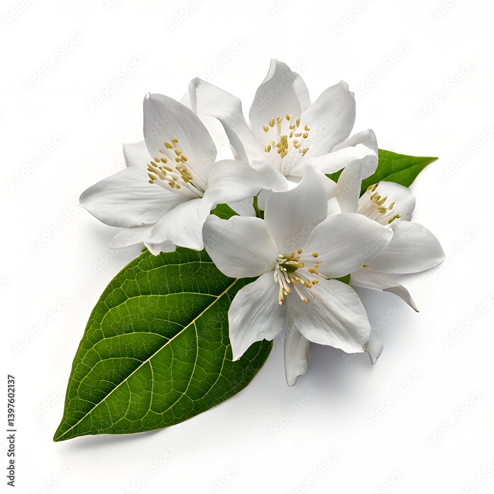 Obraz premium Jasmine Branch with Blooming White Flowers Isolated on Background, Fragrant Floral Element for Design, Botanical Decoration, Aromatic Plant Close Up, Natural Beauty, Spa and Wellness Concept
