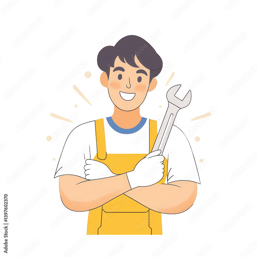 A cheerful mechanic wearing a yellow overall and gloves, confidently holding a wrench. The illustration radiates positivity and professionalism in a DIY or repair setting. A cheerful mechanic wearing a yellow overall and gloves, confidently holding a wrench. The illustration radiates positivity and professionalism in a DIY or repair setting.