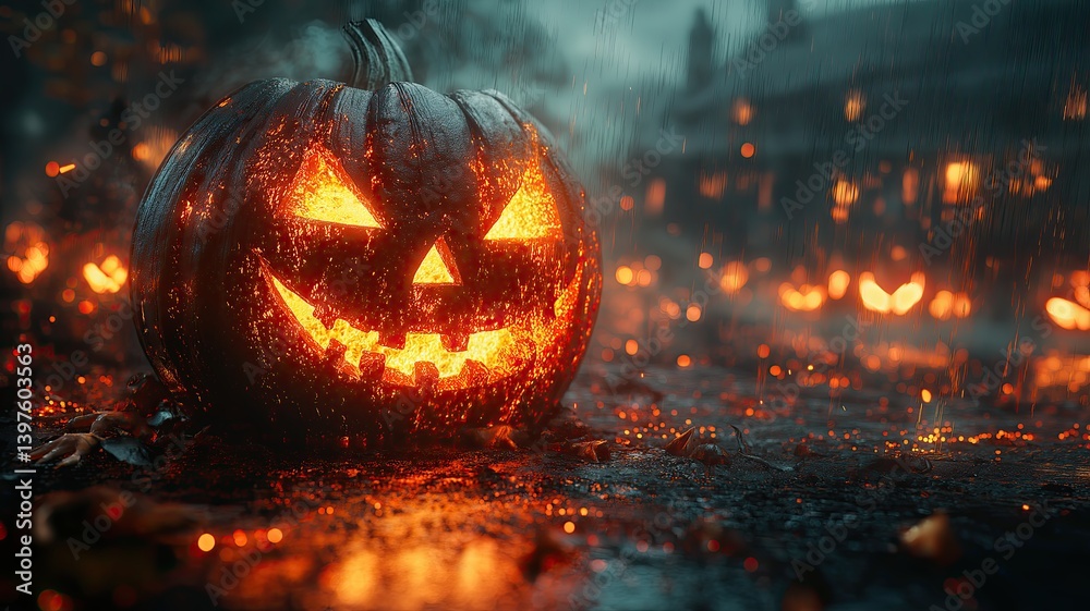 Naklejka premium Glowing Halloween Jack O'Lantern In The Rain At Night