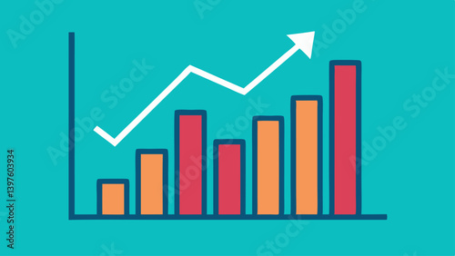 Simple financial bar chart with upward arrow showing business growth success and increasing investment data