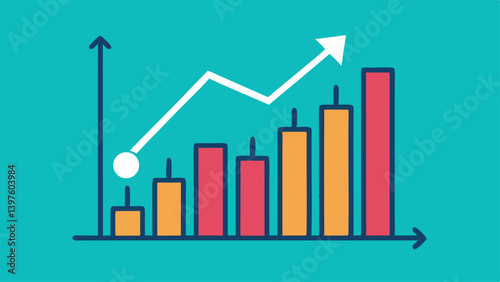 Colorful bar chart with rising arrow showing financial growth business success data trend and performance boost