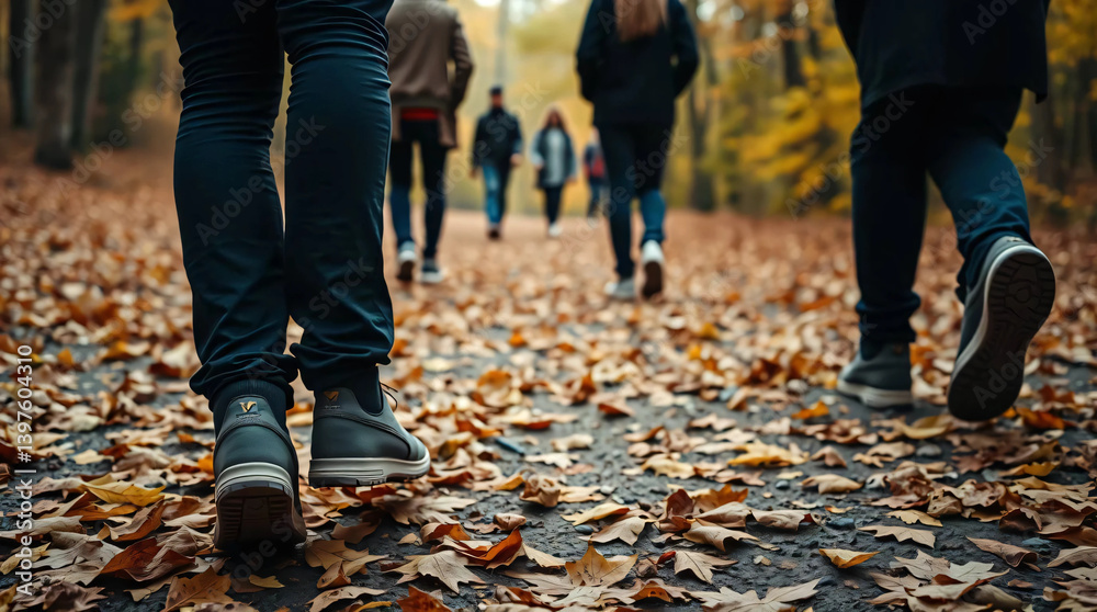 Group of tourists walks along the path of the autumn forest. Feet close-up Group of tourists walks along the path of the autumn forest. Feet close-up