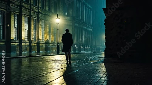 A lone man walking through an empty street in a rainy European city at night, illuminated by street lamps.