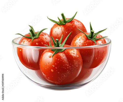 Fresh red tomatoes in glass bowl kitchen isolated on transparent background, png