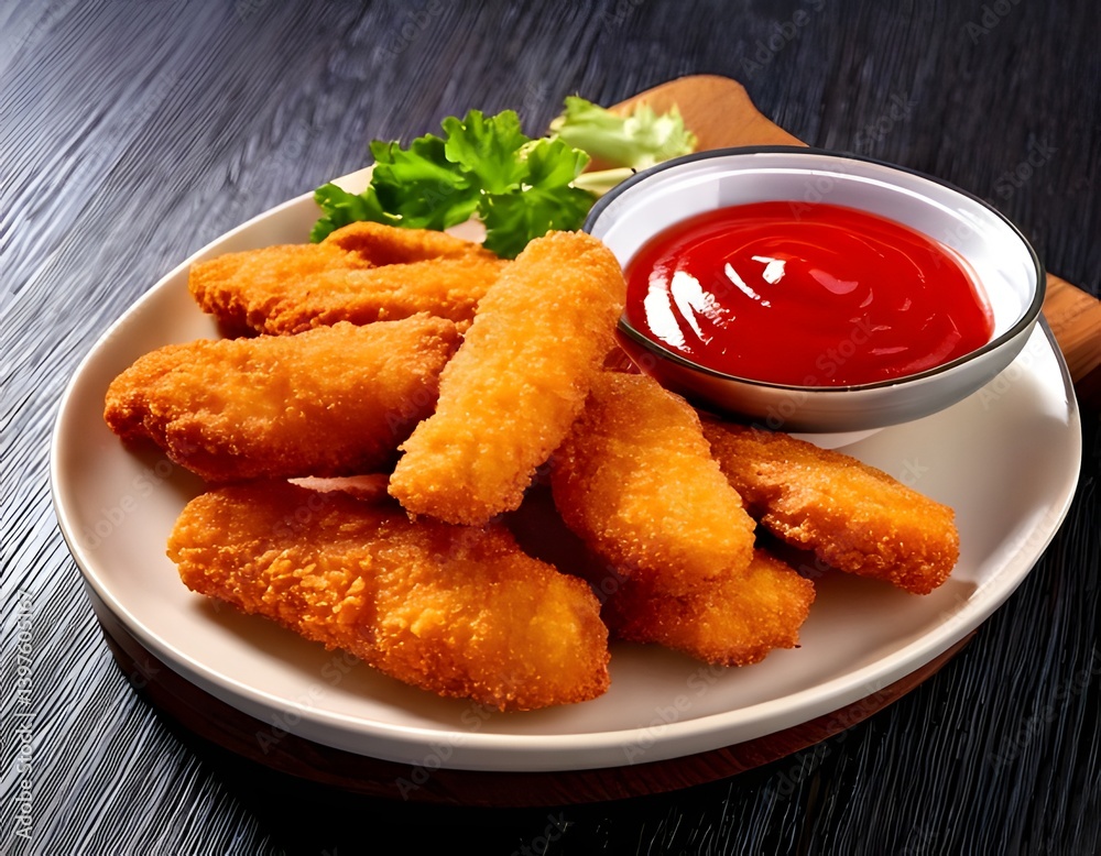 Fried Breaded Chicken Tender Strips with Tomato Ketchup, Crispy Fast Food Snack, Golden Crunchy Chicken Fingers, Dipping Sauce, Appetizer or Party Food, Comfort Meal, Fried Chicken Close Up
Fried Breaded Chicken Tender Strips with Tomato Ketchup, Crispy Fast Food Snack, Golden Crunchy Chicken Fingers, Dipping Sauce, Appetizer or Party Food, Comfort Meal, Fried Chicken Close Up