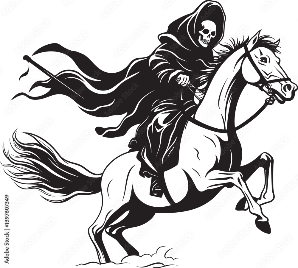 Obraz premium Whispers in the Dark The Haunting Ride of Hooded Death and Its Eerie Steed