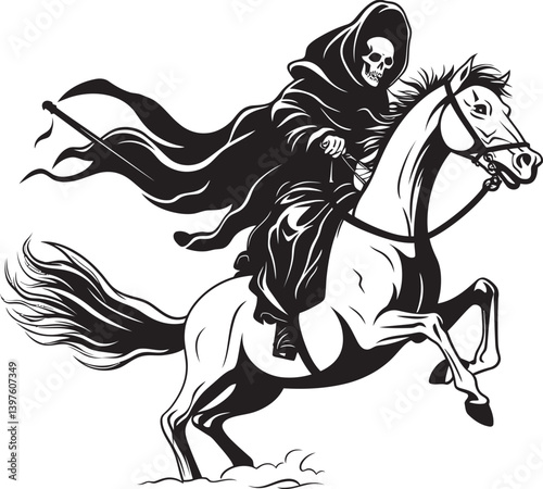 Whispers in the Dark The Haunting Ride of Hooded Death and Its Eerie Steed