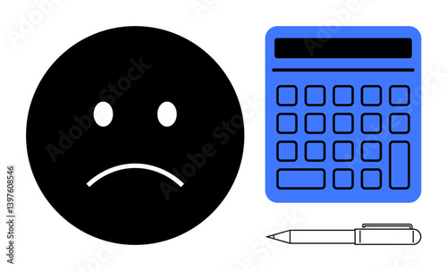 Black sad face next to blue calculator and pen suggests financial difficulty or calculation issues. Ideal for finance, budgeting, stress, emotion, debt, business, accounting concepts. Flat simple