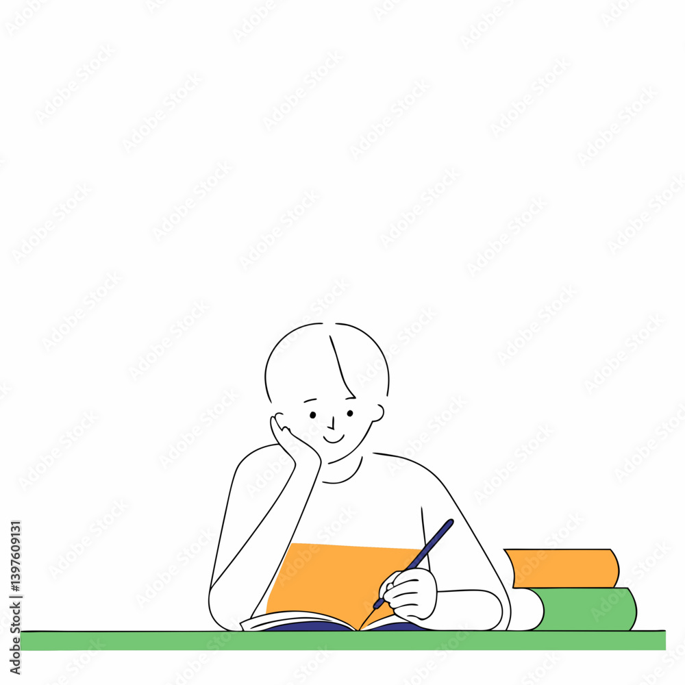 Boy writing in notebook at desk with books in minimal style Boy writing in notebook at desk with books in minimal style
