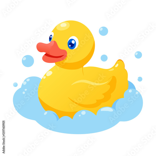 Yellow rubber duck in bubbles on white background