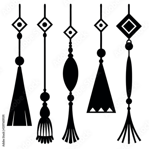 Ornate hanging decoration with tassels and floral motifs.