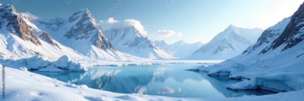 Snow-covered planet landscape with icy mountains and frozen lake, galaxy, icy Snow-covered planet landscape with icy mountains and frozen lake, galaxy, icy