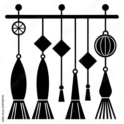 Ornate hanging decoration with tassels and floral motifs.