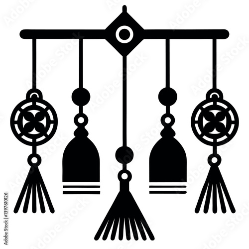 Ornate hanging decoration with tassels and floral motifs.