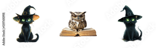 Wallpaper Mural Magical cats and owls in a whimsical halloween fantasy. Cut out png set Torontodigital.ca