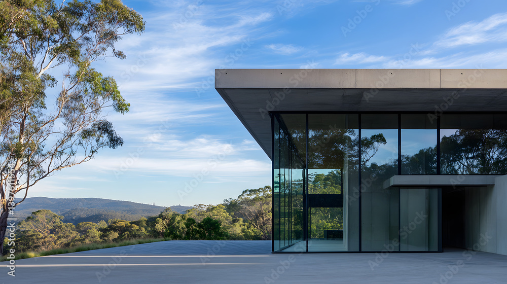 Modern House with Glass Walls Overlooking a Scenic Landscape Modern House with Glass Walls Overlooking a Scenic Landscape