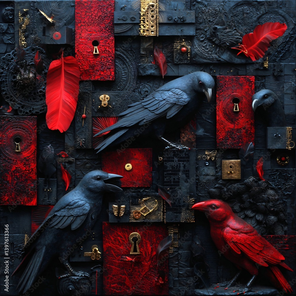 Obraz premium Dark and Mysterious Collage with Ravens, Locks, Feathers, and Rich Textures in Black and Red Tones