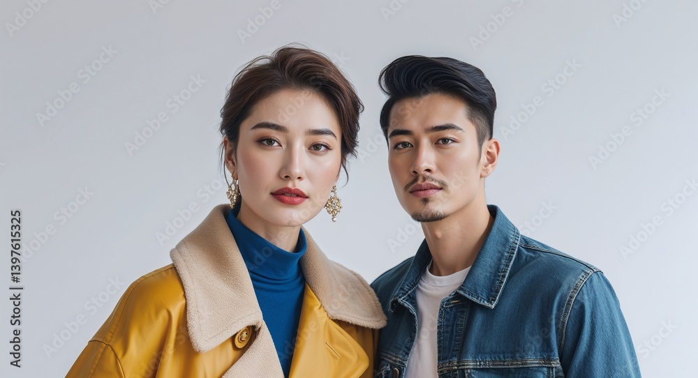 diverse 20s couple on white plain bright background modern chic fashion pose model portrait portrait banner with copy space ad concept marketing diverse 20s couple on white plain bright background modern chic fashion pose model portrait portrait banner with copy space ad concept marketing