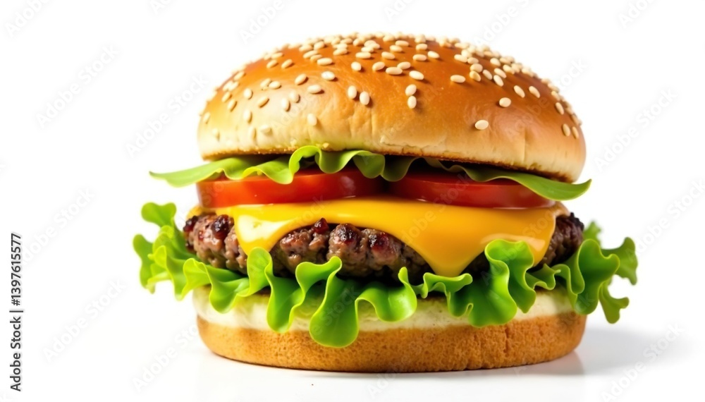 Isolated hamburger with cheese and sesame bun on white , studio, isolated Isolated hamburger with cheese and sesame bun on white , studio, isolated