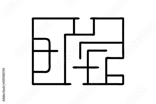 A bold black line drawing of an intricate maze, challenging the viewer to find the path, with sharp angles and a contrasting white background.